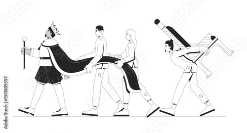 Burden of monarchy authority and class struggle line illustration concept. King walking ahead with impoverished servants exploitation outline 2D characters isolated. Ink linear drawing vector art