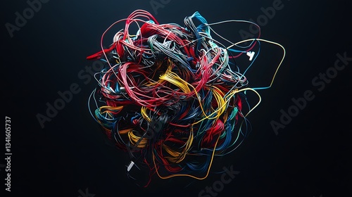 A vibrant abstract tangle of multicolored electrical wires creates a complex and chaotic yet visually striking interwoven mass against a dark background, perfect for technology or photo