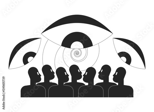 Surveillance and control in dictatorship line illustration concept. Dystopian society. Big brother all-seeing eyes over citizens outline 2D characters isolated. Ink linear drawing vector art