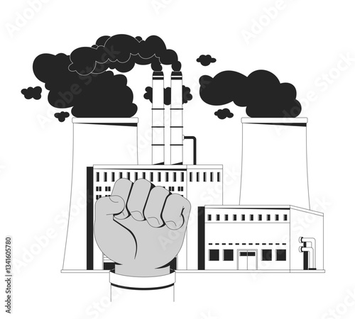 Industrial power and communist revolution line illustration concept. Communism ideology. Raised fist clenched. Socialist movement outline 2D composition isolated. Ink linear drawing vector art