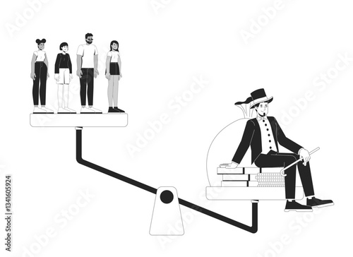 Oligarchy and wealth inequality line illustration concept. Plutocracy capitalism. Rich elite figure outweighing middle class people outline 2D characters isolated. Ink linear drawing vector art