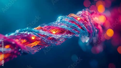 A vibrant, multicolored bundle of electrical wires intricately tangled and illuminated with warm glowing lights against a dark blue background creating an abstract and artistic