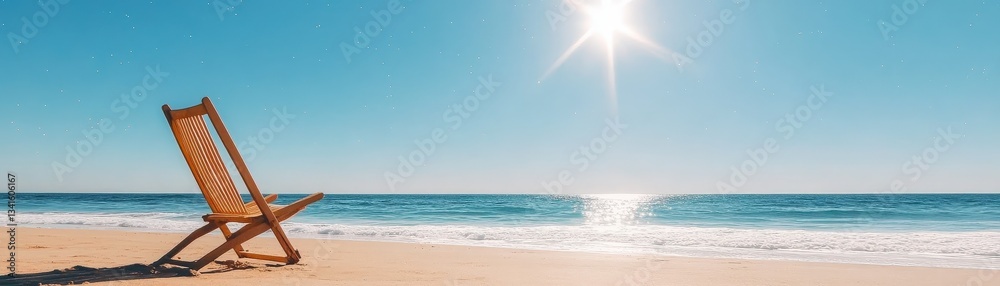 Idyllic seaside scene with a wooden deck chair nestled in the sand offering a captivating view of the azure ocean and cloudless sky Idyllic seaside scene with a wooden deck chair nestled in the sand offering a captivating view of the azure ocean and cloudless sky