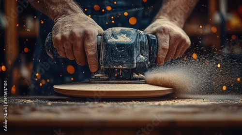 A carpenter sanding down the surface of a wooden cabinet panel with an orbital sander, ensuring a smooth finish with visible dust 