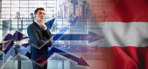 Outsourcing, onboarding and recruiting. Austria. Flag. Symbol of state power. Arrows with trails and directions. The concept of strategy or pluralism of opinions. A man in a business suit in a