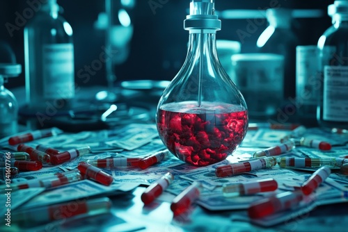 Suspicious laboratory experiment with red liquid and scattered money