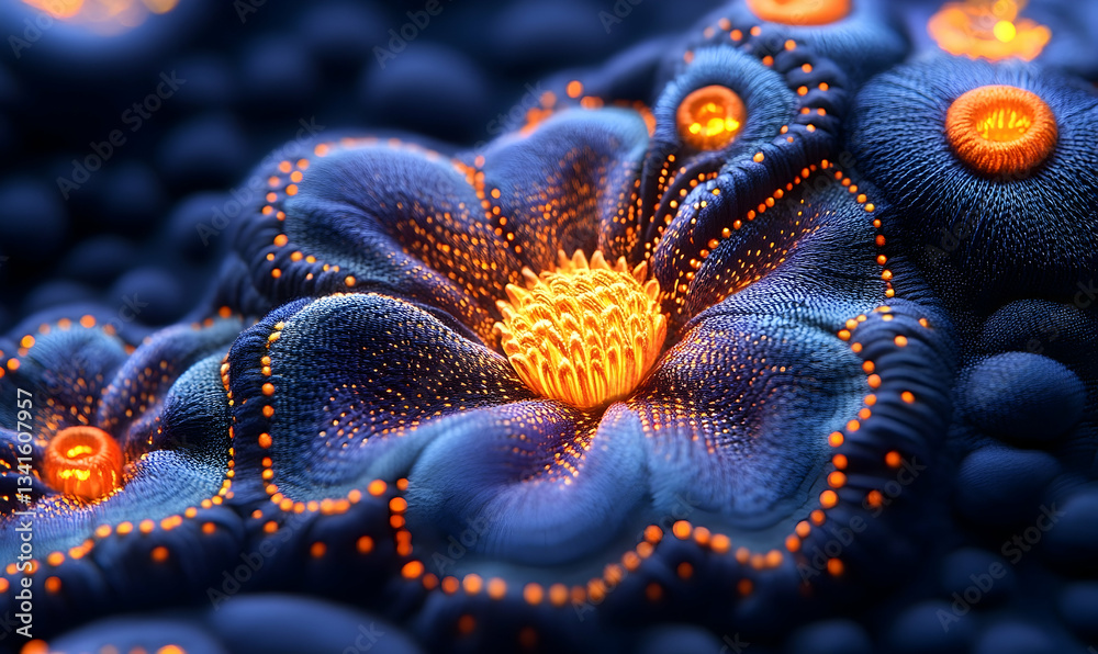 Fototapeta premium Glowing, intricate, bioluminescent flower with detailed texture and vibrant orange accents against a dark blue background