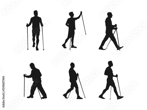 Man walking with two sticks side view vector silhouette. Vector silhouette of a man who walks with Nordic walking. Vector silhouette of people with Nordic walking. Vector on a white background.