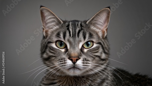 A beautiful close-up of a grey tabby cat featuring vibrant green eyes.