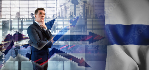 Outsourcing, onboarding and recruiting. Finland. Flag. Symbol of state power. Arrows with trails and directions. The concept of strategy or pluralism of opinions. A man in a business suit in a