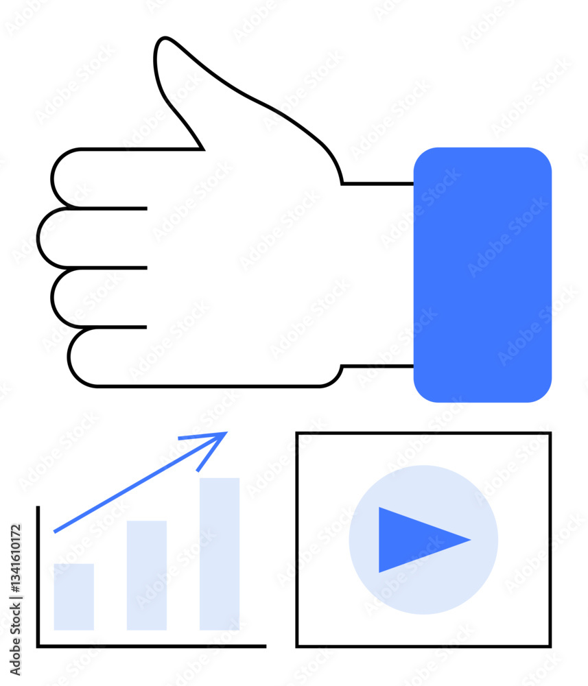 Hand gesture with thumbs up, upward-trending bar chart, and play button. Ideal for success, social media, analytics, growth, engagement approval teamwork. Flat simple metaphor Hand gesture with thumbs up, upward-trending bar chart, and play button. Ideal for success, social media, analytics, growth, engagement approval teamwork. Flat simple metaphor