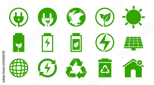 Green Energy vector icon set, Eco friendly symbol, Enviromental, Solar, Battery illustration, Clip art, Bio graphic elements on transparent background. (Editable)