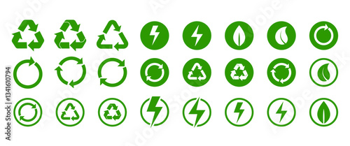 Isolated Green Ecology vetor symbol, Recycle Icon set, Environmrntal, ECO, Clean Energy graphic elements, Recycling illustration clip art on Transparent background (Editable)