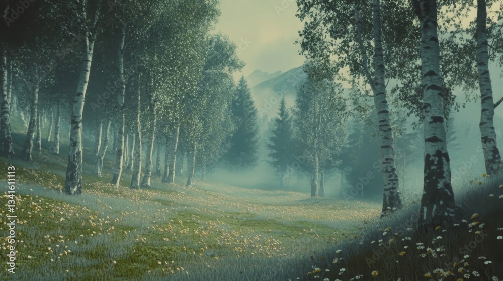 Fototapeta premium Misty Birch Forest Path at Dawn