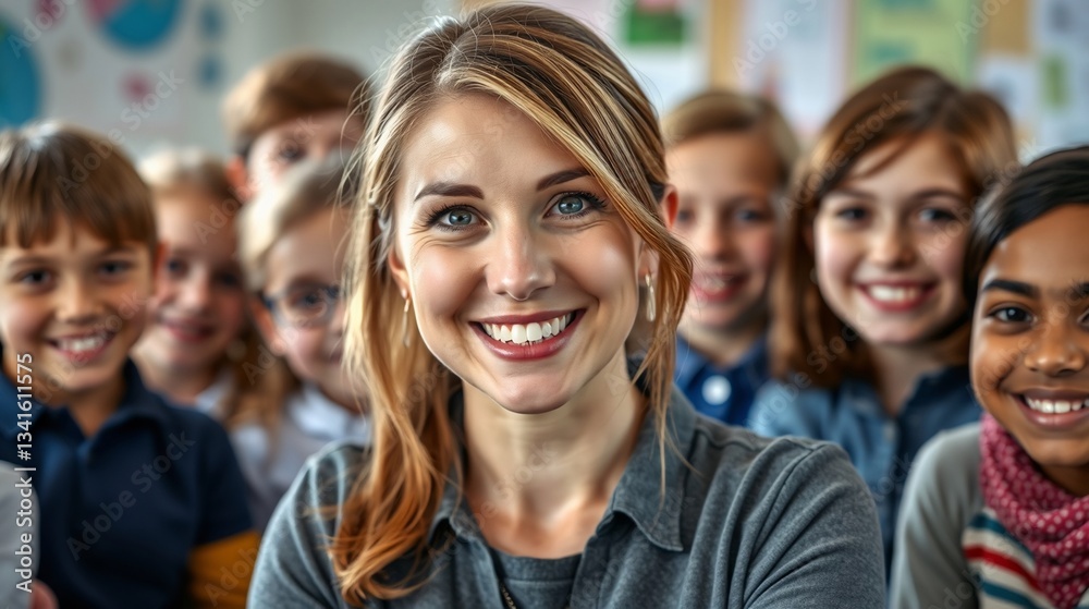 Smiling Teacher Surrounded by Happy Students in a Classroom Setting Smiling Teacher Surrounded by Happy Students in a Classroom Setting