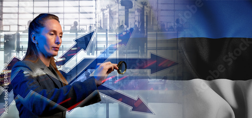 Outsourcing, onboarding and recruiting. Estonia. Flag. Symbol of state power. Arrows with trails and directions. The concept of strategy or pluralism of opinions. Woman employee in suit. Company