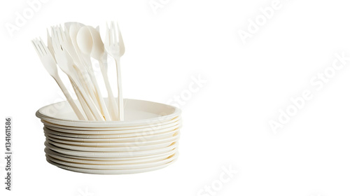 Stack of white paper plates with cutlery sticking out