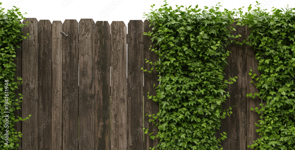Naklejka premium Lush Green Ivy Growing on Rustic Wooden Fence Background Texture Image