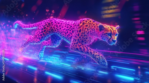 A Cyberpunk Cheetah Sprinting Through Futuristic Cityscape with Neon Lights and Vibrant Colors