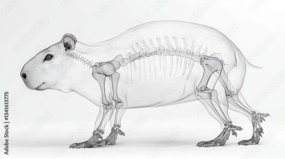 Fototapeta premium Capybara Skeletal System: A detailed medical illustration reveals the complete skeletal structure of a capybara, showcasing its bone structure in a clear and informative manner.