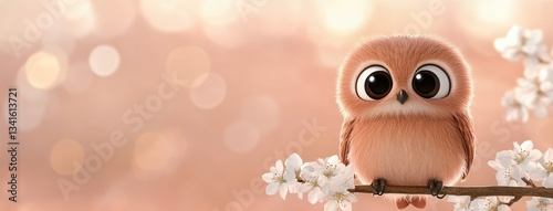Cute owl perched on a branch with delicate flowers during springtime, showcasing soft colors and a joyful expression