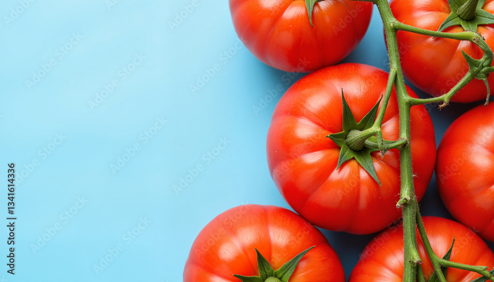Ripe red tomatoes on vine against clear blue backdrop, fresh produce Ripe red tomatoes on vine against clear blue backdrop, fresh produce