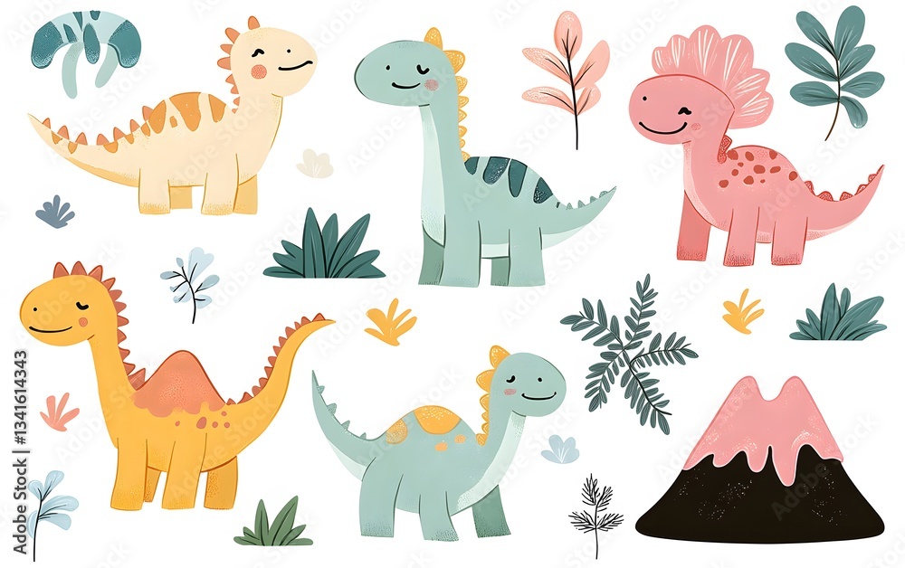 Fototapeta premium Cute pastel dinosaurs in a hand-drawn doodle style, surrounded by volcanoes and prehistoric plants