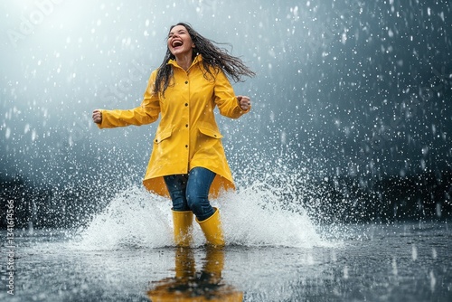 Joyful woman splashing in rain with bright yellow raincoat and boots during a stormy day