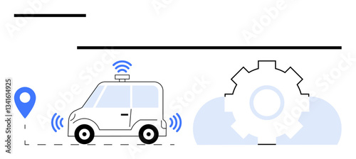 Self-driving car with sensors, GPS pin, and gear mechanism symbolizing technology and navigation. Ideal for automation, navigation, innovation, transportation, AI future and smart systems. Flat