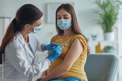 Pregnant Vaccination. Young Pregnant Woman In Face Mask Getting Vaccinated in Clinic. Doctor Giving Corona Virus Vaccine Injection to Female Patient with Belly. Covid-19 Flu Protection. Dengue fever.