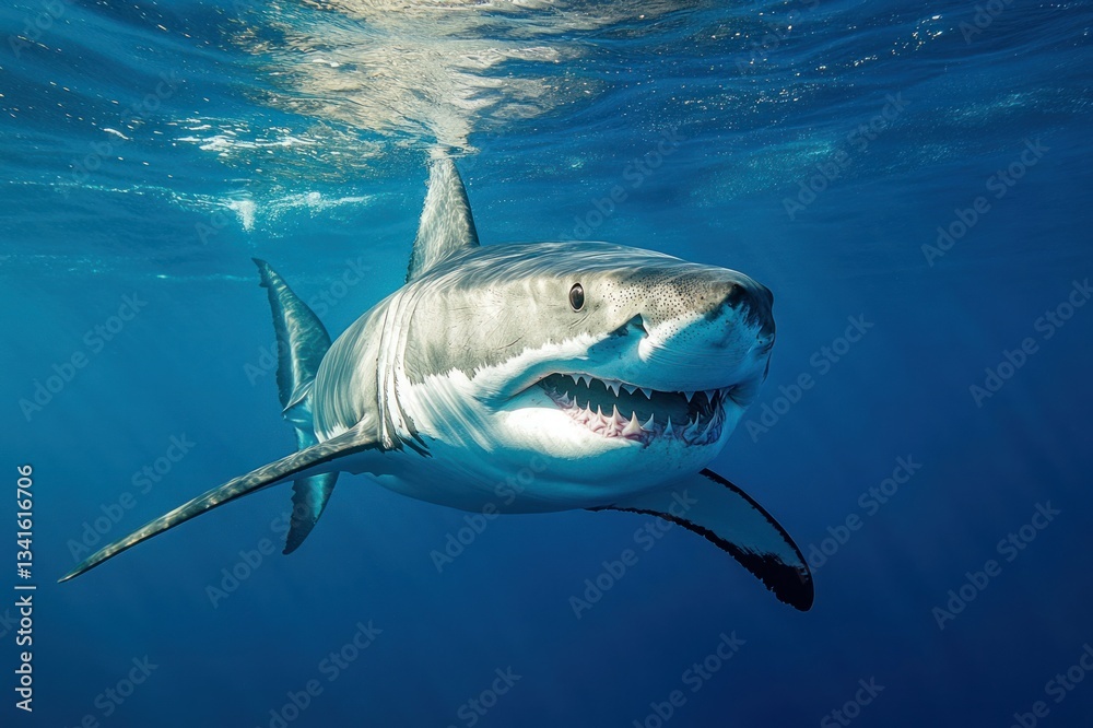 Naklejka premium Great White Shark Swimming Gracefully in Clear Ocean Waters with Sunlight Streaming Down