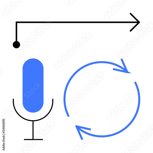 Microphone art, arrows forming a loop, line directing forward. Ideal for voice technology, audio recording, podcasting, automation, feedback, workflow user interface flat simple metaphor