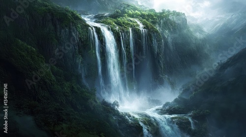Majestic waterfall cascading through a verdant mountain landscape showcasing nature's raw power