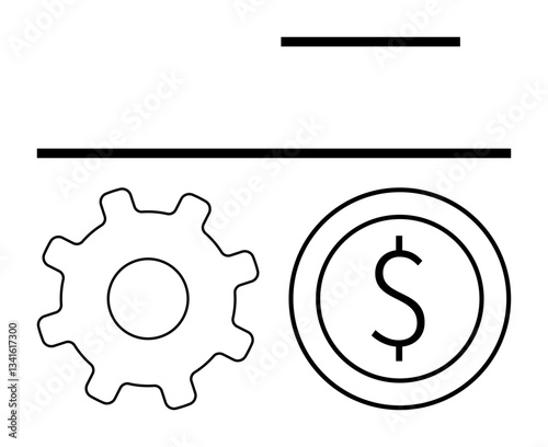 Gear adjacent to dollar coin, emphasizing finance, business efficiency, money management, and operations. Ideal for economics, budget planning, process optimization, revenue automation productivity
