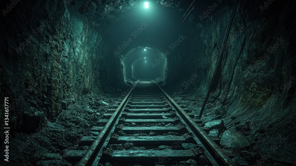 Naklejka premium Dark mine tunnel railroad tracks vanishing point