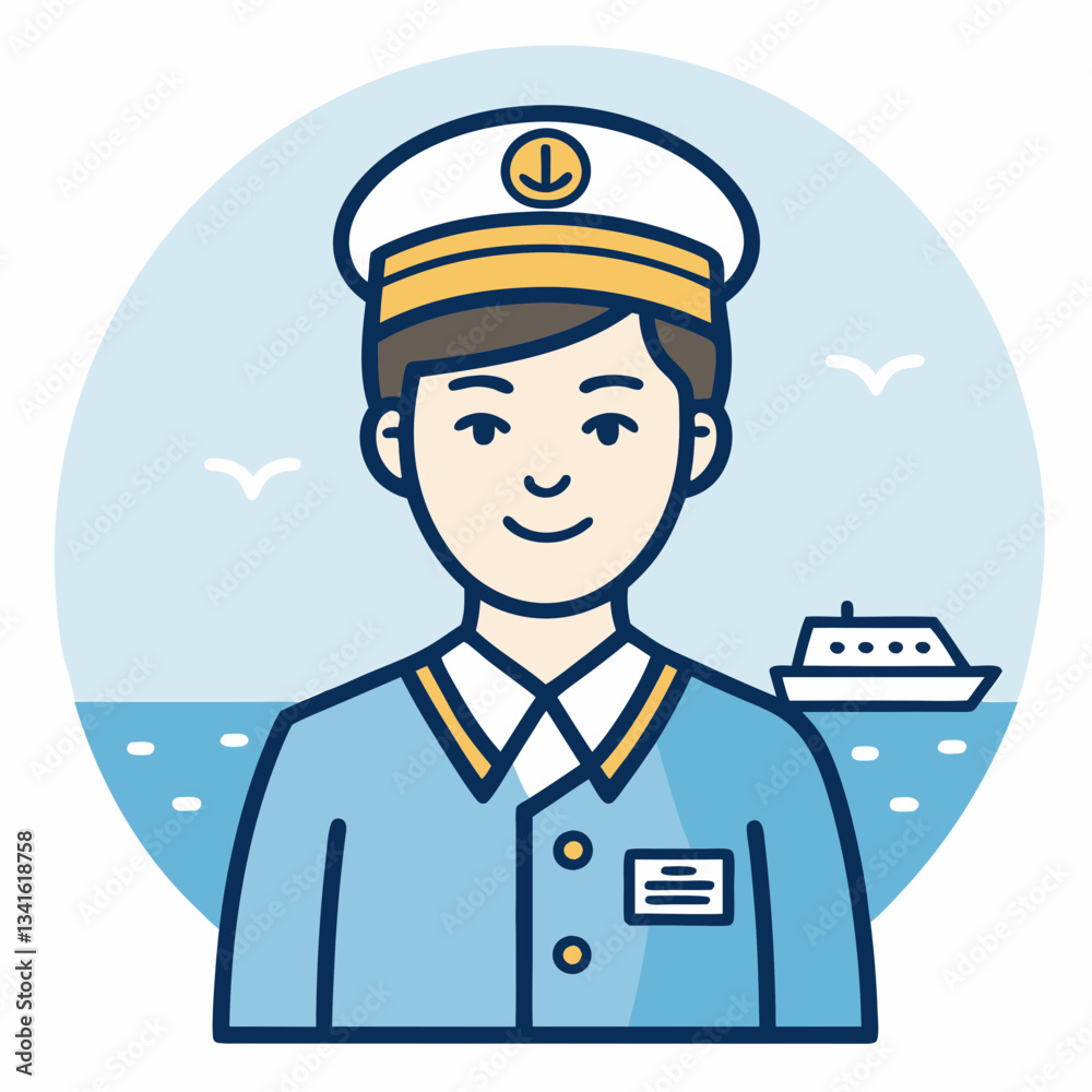 Ship captain in light blue uniform looking confidently at camera. Maritime professional with white hat featuring gold anchor emblem against ocean backdrop. Concept: navigation, maritime transport Ship captain in light blue uniform looking confidently at camera. Maritime professional with white hat featuring gold anchor emblem against ocean backdrop. Concept: navigation, maritime transport