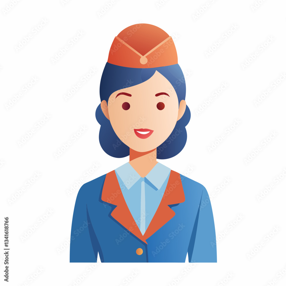 Smiling flight attendant with bob haircut looking at camera in blue uniform with orange accents. Welcoming airline professional wearing matching cap with pleasant expression. Concept: air travel Smiling flight attendant with bob haircut looking at camera in blue uniform with orange accents. Welcoming airline professional wearing matching cap with pleasant expression. Concept: air travel
