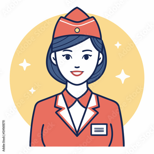 Woman in red uniform smiling directly at camera with matching cap. Professional service worker with dark shoulder-length hair and name tag against yellow circle background. Concept: hospitality