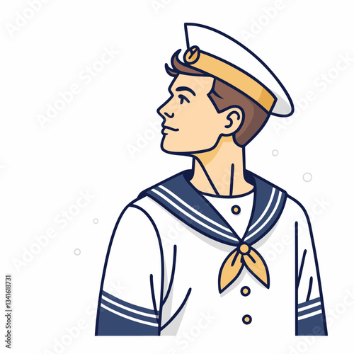 Young sailor with pleasant expression looking at camera in white uniform with navy collar. Maritime professional wearing traditional cap and yellow neckerchief against dotted background. Concept: navy