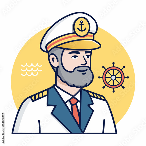 Bearded ship captain in white hat gazing right with nautical wheel background. Seasoned maritime professional with gray hair against stylized ocean waves Concept maritime industry, cruise lines, naval
