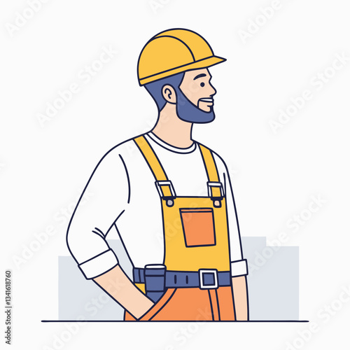 Smiling construction worker with beard looks at camera in yellow hard hat. Man in orange overalls with hand in pocket against grey cityscape background in line drawing style. Concept: labor