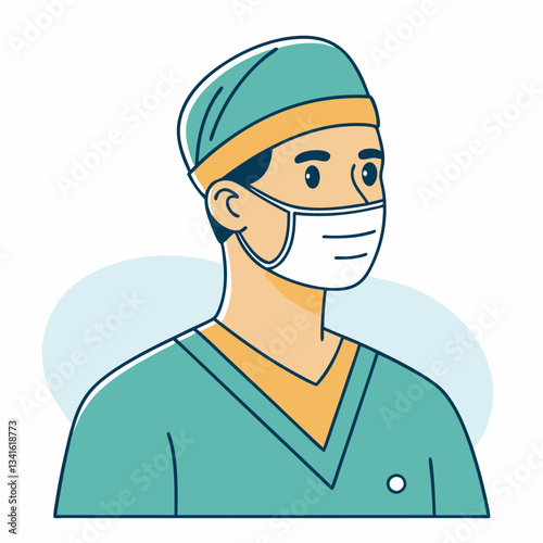 Medical doctor in teal scrubs and face mask looking at camera against pale blue background. Healthcare professional in surgical attire with calm expression. Concept: healthcare, medical services