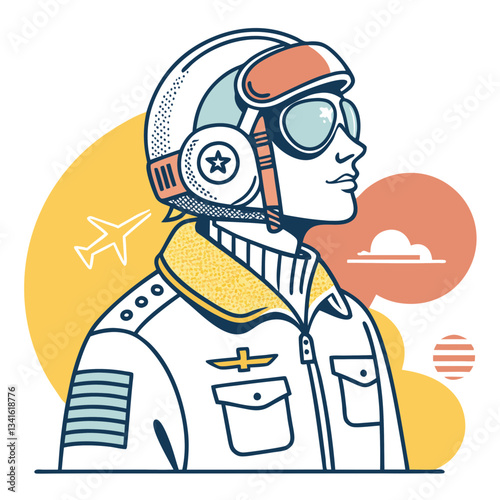 Vintage pilot in profile with leather helmet and goggles against stylized clouds. Retro aviator wearing jacket with patches in mid-century illustration style Concept aviation history, adventure touris