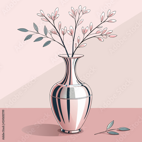 Elegant silver vase holding pink blossoms with muted green leaves on blush surface. Stylish home decor with detached sprig adding visual interest. Concept: interior design, home decor, gift shop.