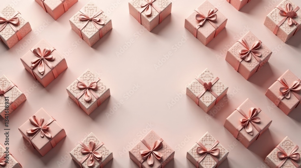 Elegant blush pink gift boxes arranged in a pleasing pattern on a soft pink background, perfect for celebratory occasions and conveying a sense of joy and festivity. Elegant blush pink gift boxes arranged in a pleasing pattern on a soft pink background, perfect for celebratory occasions and conveying a sense of joy and festivity.