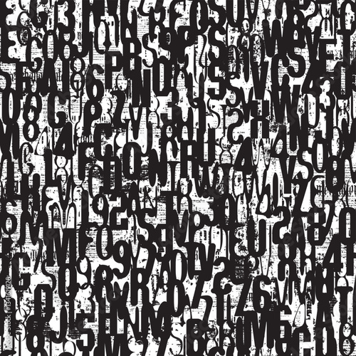 Abstract grunge seamless pattern of English letters and numbers. Shabby collage of newspaper clippings. Background with capital Latin letters in grunge style. Suitable for wallpaper, wrapping paper