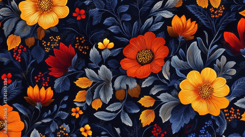 Dark Blue Floral Pattern with Orange and Red Flowers Dark Blue Floral Pattern with Orange and Red Flowers