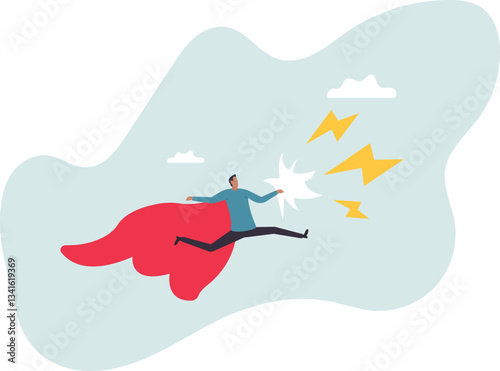 Superhero businessman with superpower to win business success, strength or power to control and finish work, confidence great responsibility,character for design