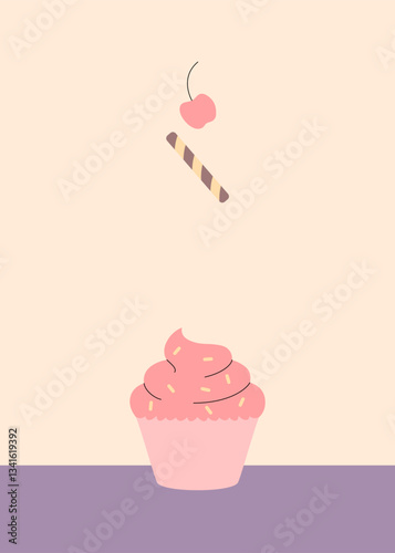 A delicious cupcake with pink frosting topped with falling sprinkles, a cherry, and a wafer stick