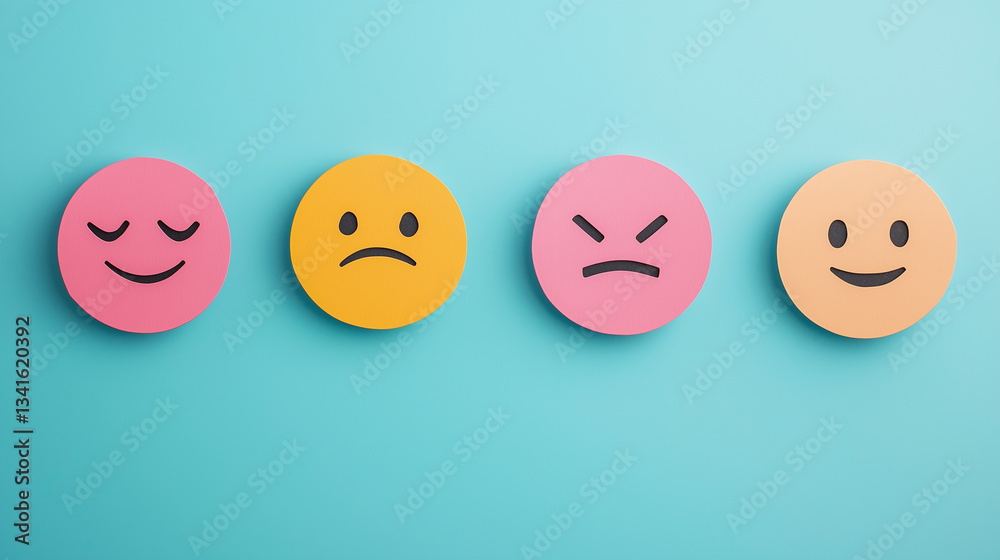 Colorful emoticons representing various human feelings and expressions on a vibrant teal background, conveying emotions like happiness, sadness, anger, and calmness. Colorful emoticons representing various human feelings and expressions on a vibrant teal background, conveying emotions like happiness, sadness, anger, and calmness.